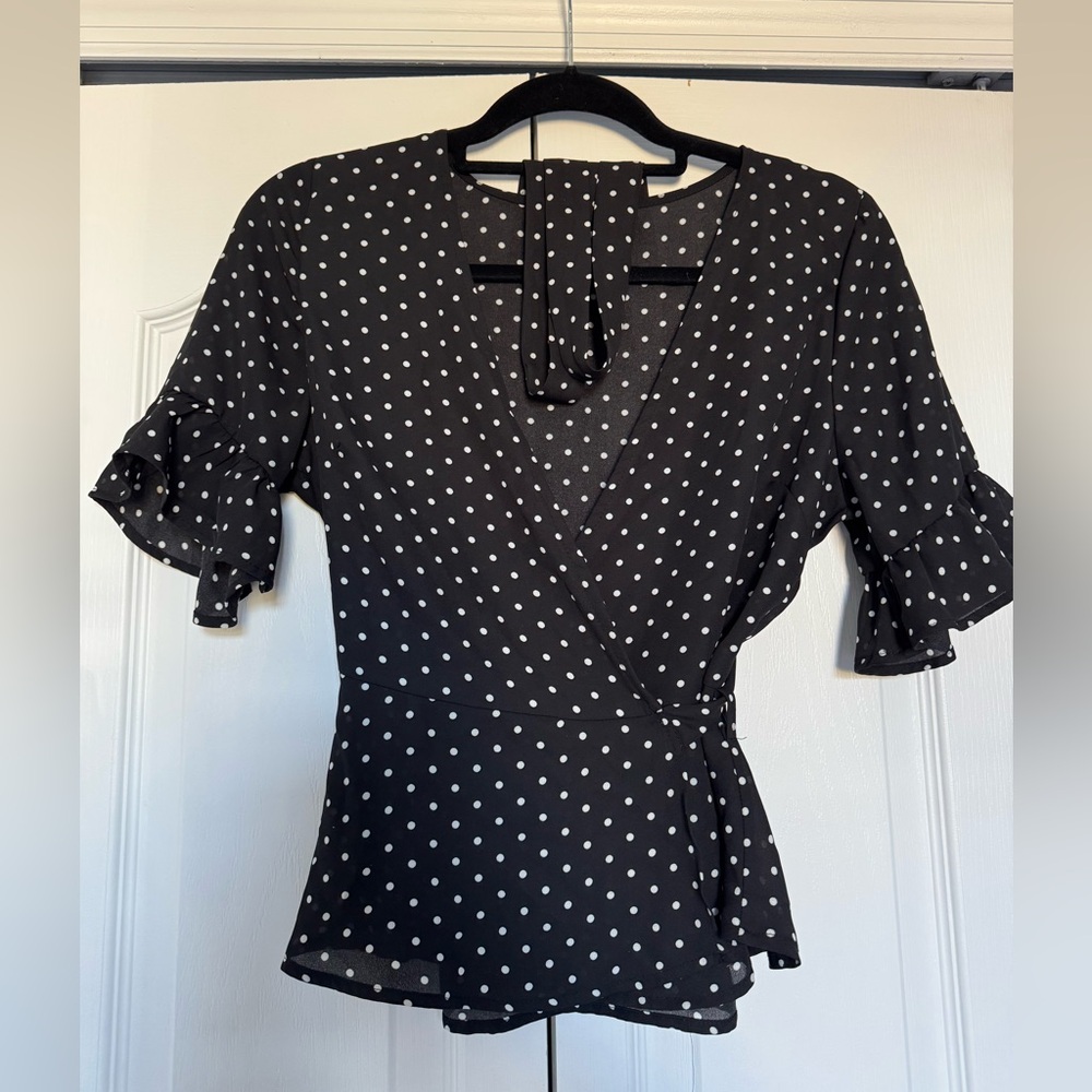 Polka dot wrap peplum top, L